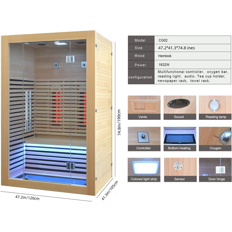 Sauna à infrarouges en bois, pruche du Canada à faible intensité électromagnétique, 2 à 3 personnes 1832W