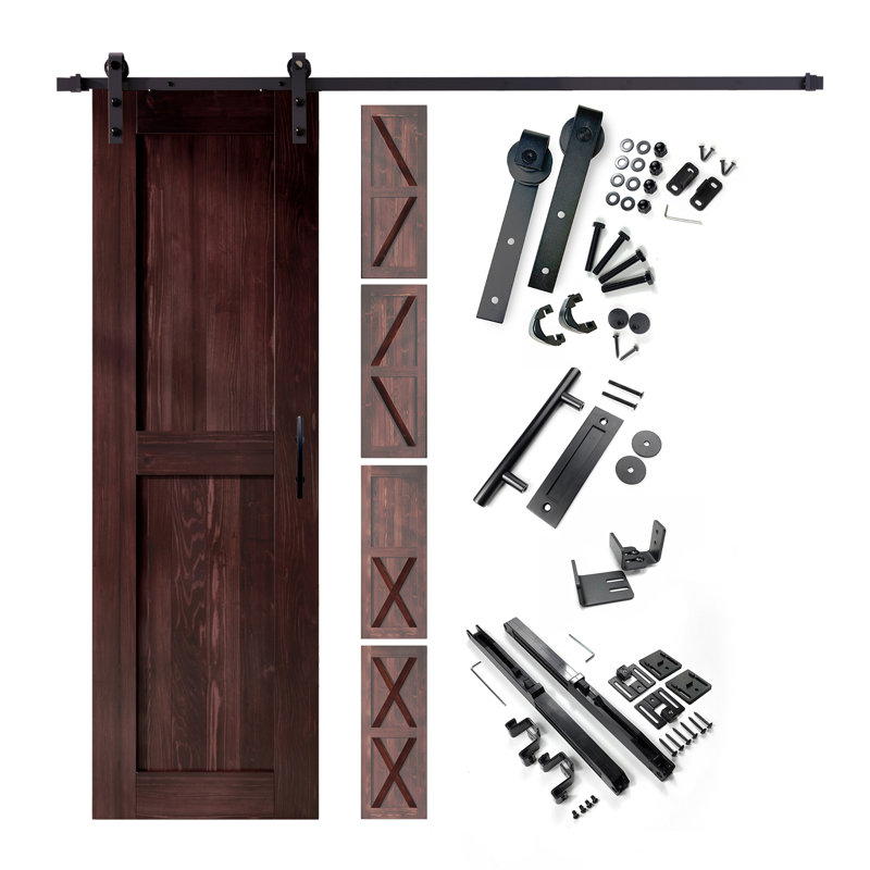 Porte en bois de pin massif 5-en-1 de conception 80 po avec quincaillerie d'installation rustique noire 5 en 1, Rouge