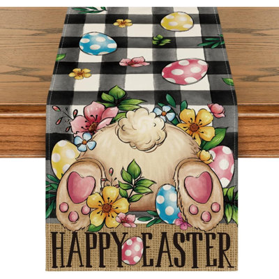 Buffalo Plaid Bunny Egg Flowers Happy Easter Table Runner Seasonal Spring Kitchen Dining Table Decor For Home Party Decor