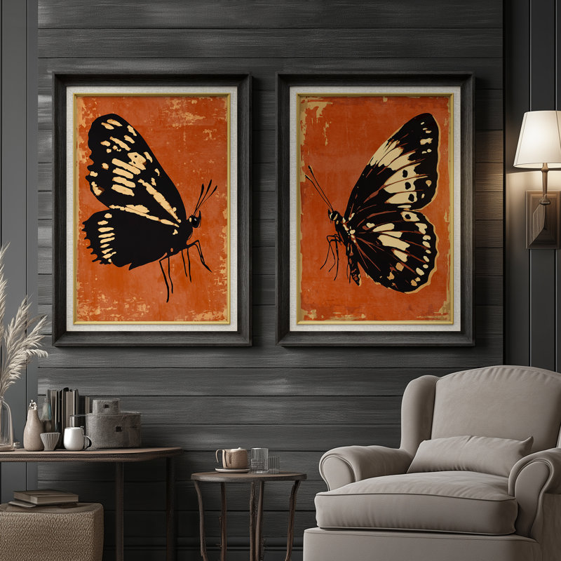«Vintage Orange Butterfly Silhouette Art», ensemble de 2 reproductions d'art encadrées de qualité supérieure sur papier 26 po x 36 po
