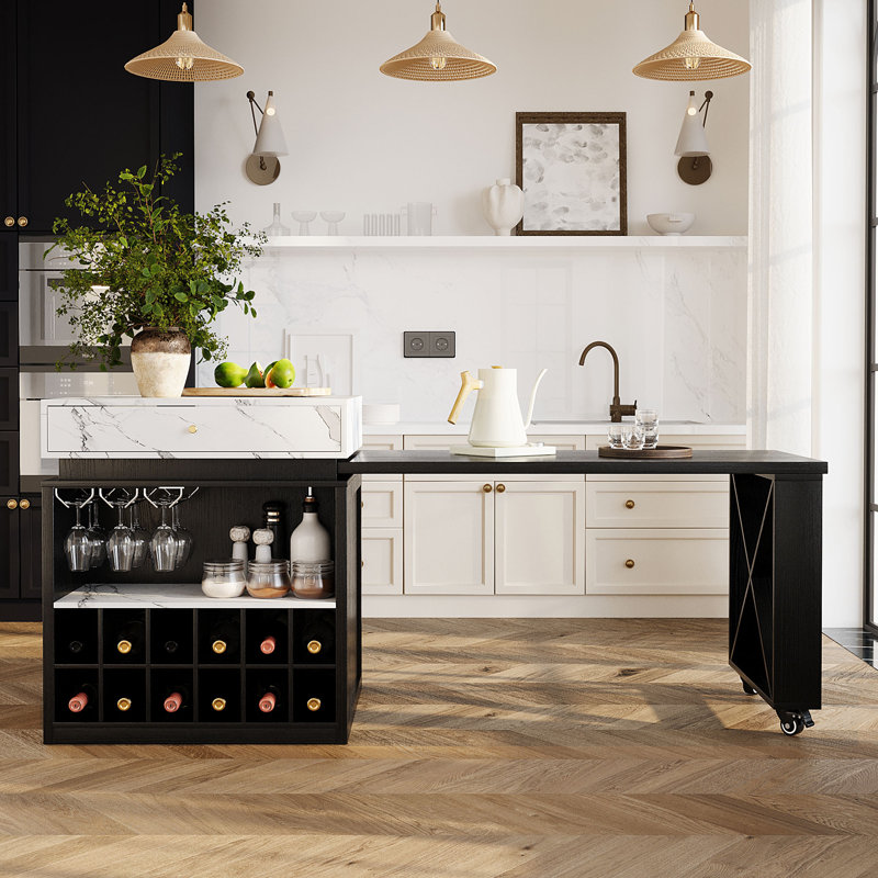 Îlot de cuisine extensible moderne avec table de bar, plateau en imitation marbre, porte-verres à pied et double tiroir, noir