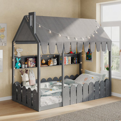 {Slats Are Not Included} Montessori House Bed, Floor Bed With Fence Railings, Tent, Lights & 3 Storage Shelves
