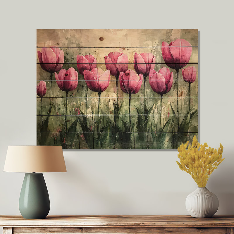 Summer Pink Hues Tulips Field Horizon - Tulips Wood Print - On Natural Pine Wood, 10" H x 20" W x 0.78" D
