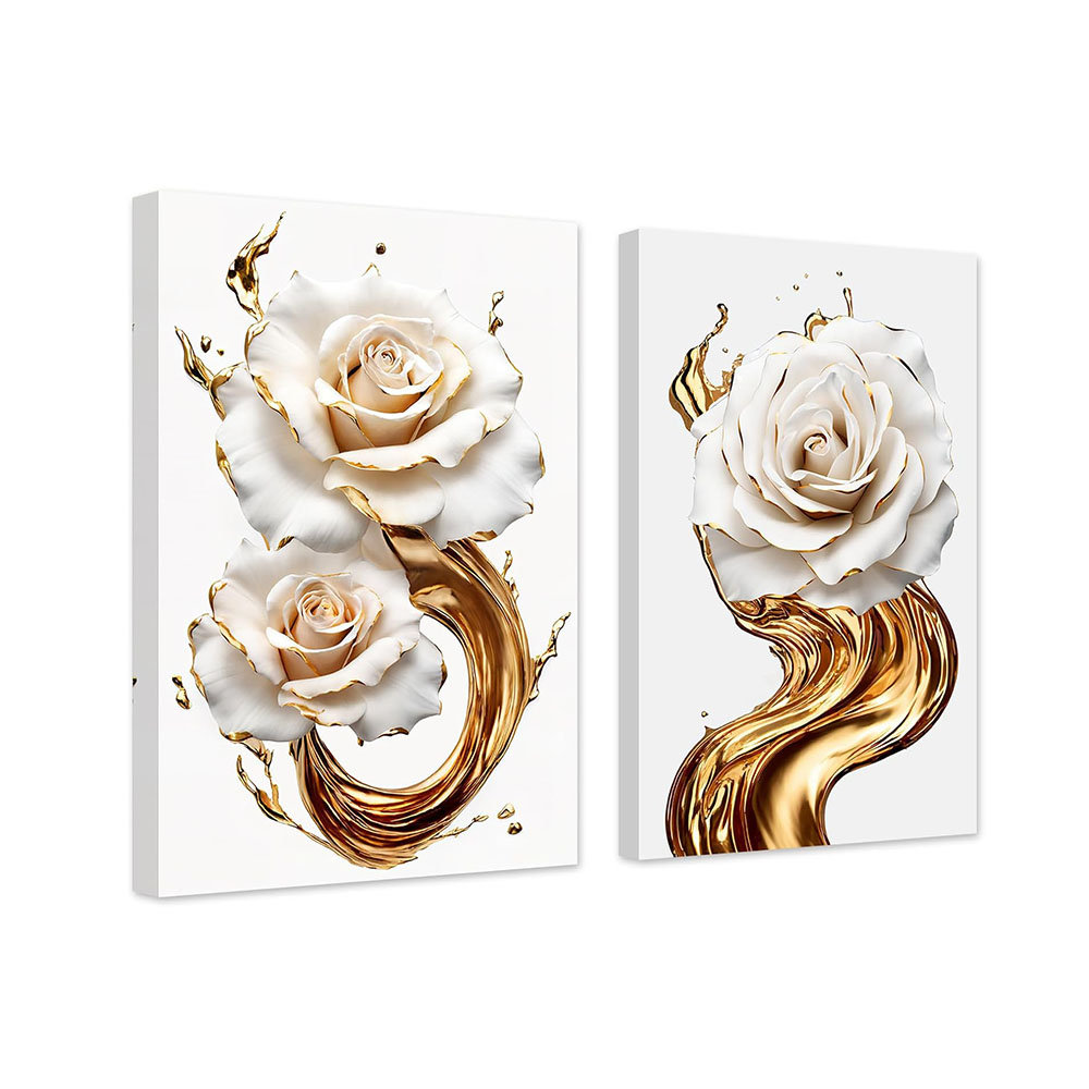 Abstract White & Gold Rose Wall Decor 2 Panels Elegant Blooming Rose Flowers Canvas Art Prints Paintings Modern Artwork Home Decor(White, (16.00" X 24