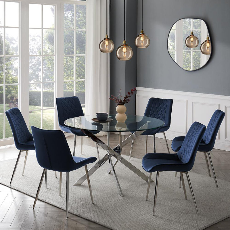 Round Glass Top Metal Base Dining Table, Silver, 75cm H x 120cm L x 120cm W