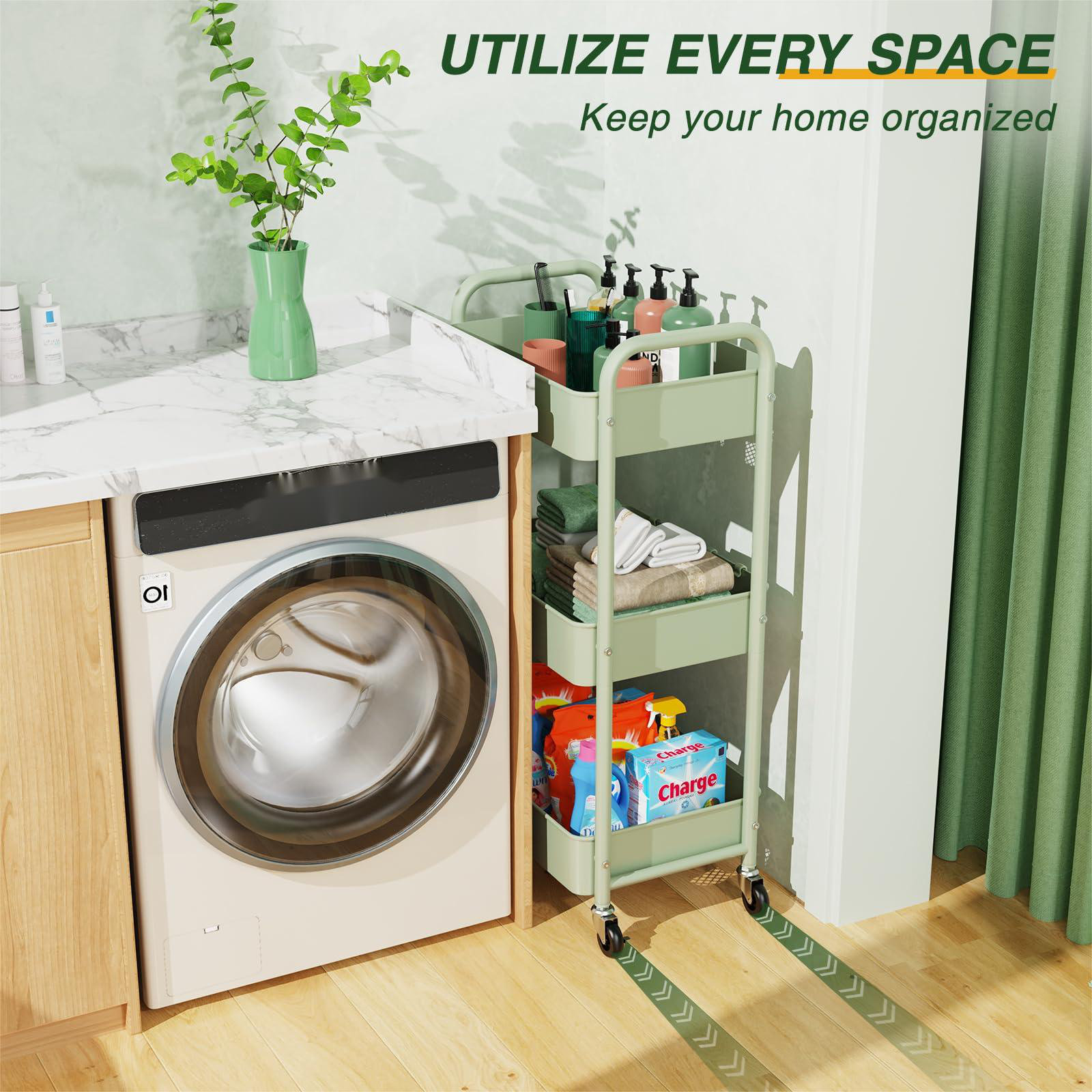 Utility Cart on Wheels | Organizer Rolling Cart - Three Tier Storage Cart with Rolling Shelf and