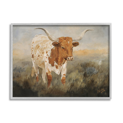 «Longhorn Bovins broutant encadré sur bois» par Kathy Winkler, peinture