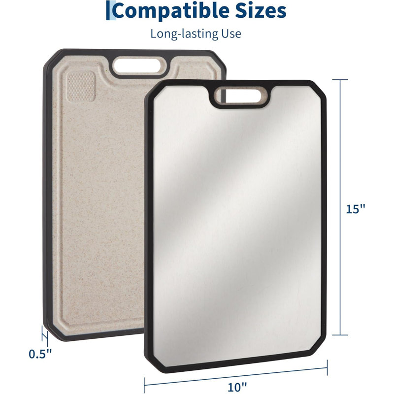 Double-Sided 304 Stainless Steel & Titanium Cutting Board – Deep Juice Groove, Built-in Handle, Over-The-Basin, Dishwasher Safe, Mark-Resistant Resistant, 15x10 Inch Chopping Board