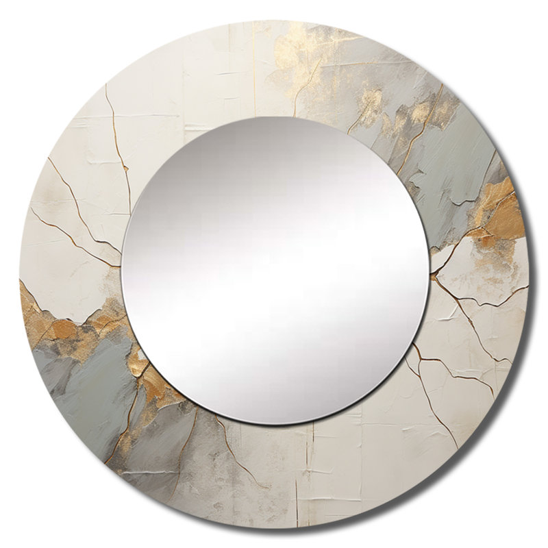 Beige doré minimalisme Poteries I - miroir mural spirales abstraites, miroir décoratif rond moderne, impression d'art en métal