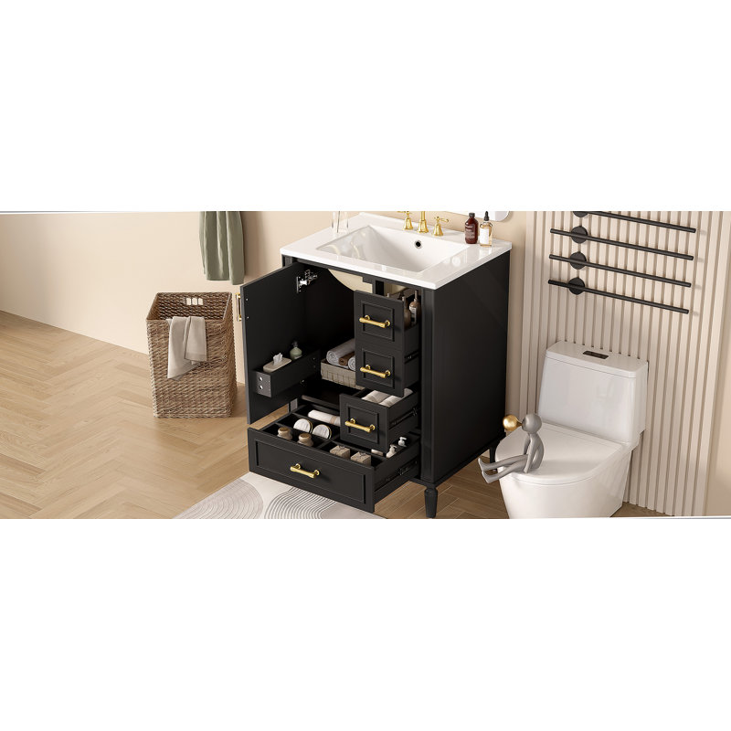 Modern Bathroom Vanity With Ceramic Sink, Soft-Close Door, 3 Drawers, Gold Handles, Black
