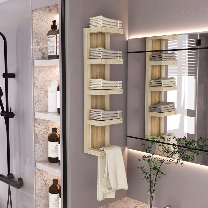 Porte-serviettes mural à 5 niveaux, organisateur de rangement vertical pour serviettes et accessoires de salle de bain, chêne naturel
