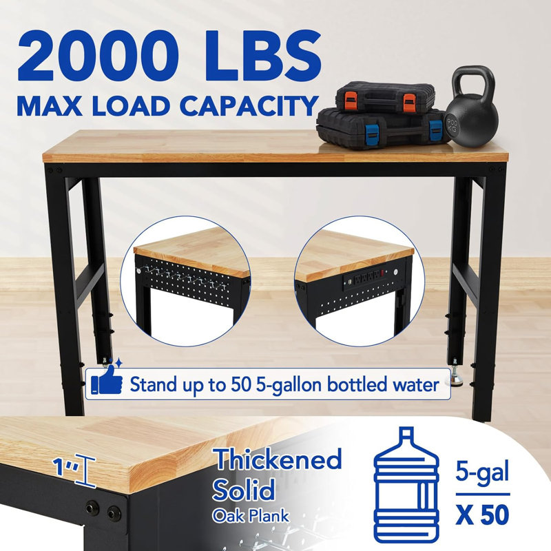 Heavy-Duty Garage Adjustable Workbench, 2000 Lbs Load Capacity, Built-In Power Outlet