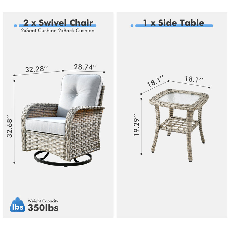 Three-Piece Outdoor Swivel Chair Set, Gray