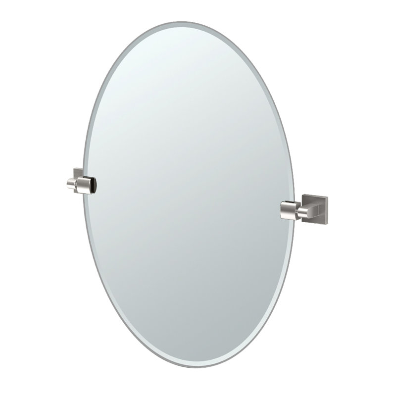 Elevate Frameless Oval Wall Mirror | Bathroom Vanity Pivoting and Beveled Mirror, 26.5" H x 24" W, Satin Nickel