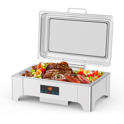 Electric Chafing Dish, 9 QT Full Size Touch Screen Chafing Dishes, Roll Top Set Food Servers and Warmer with Glass Lid for Buffet, Catering, Party, Wedding, Silver