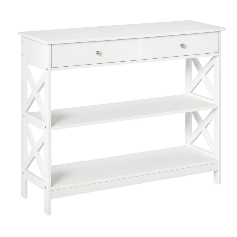 HOMCOM Console Table Side Desk Shelves Drawers Open Top X Support Hallway, White