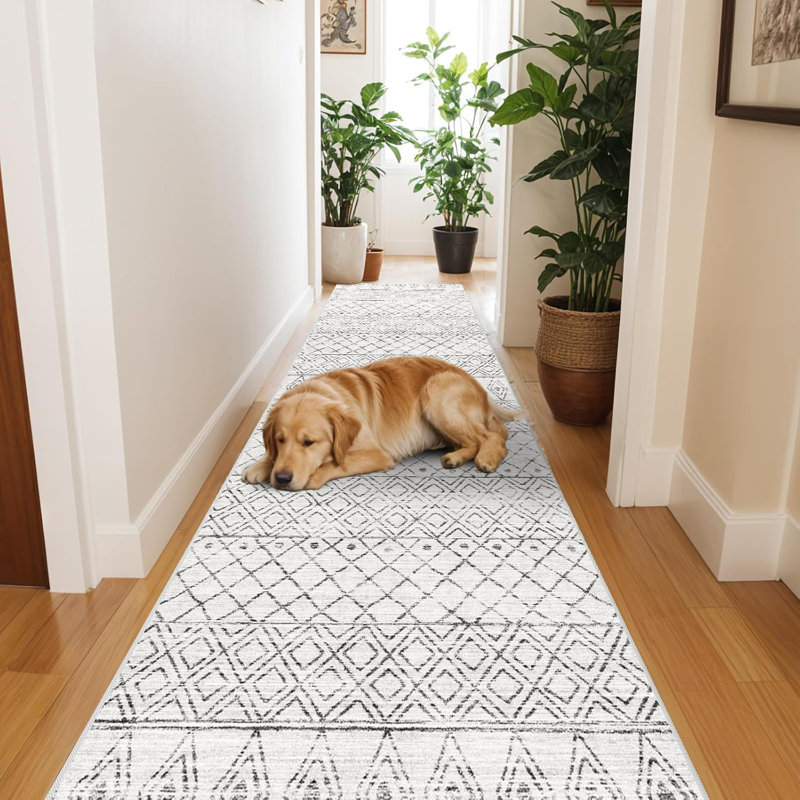 Entryway Rug Washable - Moroccan Small Area Rugs for Entryway Low Pile Indoor Mat Non Slip with Rubber Backing Thin Area Rug Pet Friendly for Front Door Kitchen Bedroom Geo Grey
