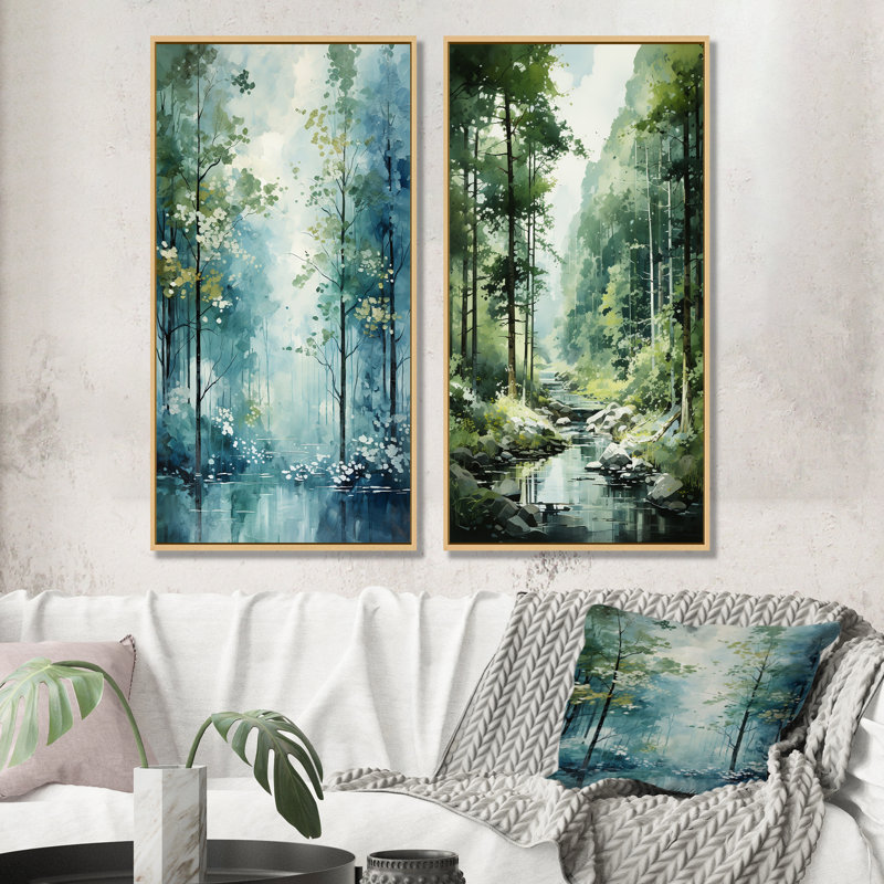 Tranquil Shadows Green Forest - ensemble de 2 impressions sur toile forêt, H 40 po x l 41 po, Encadrement brun