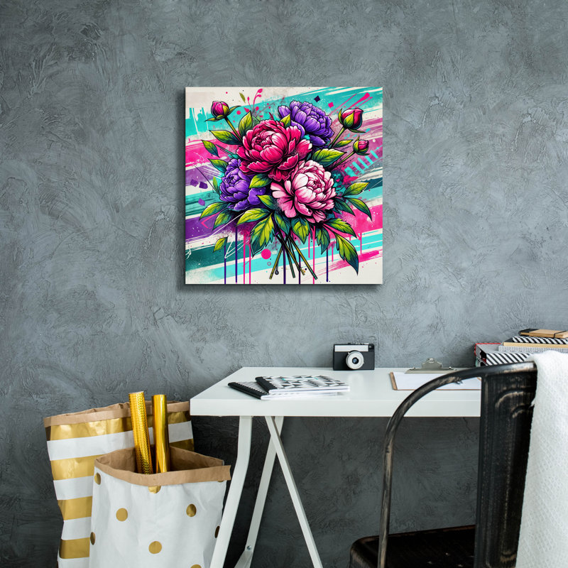 «Peony Abstract Graffiti» par Rey Klimt, art mural sur toile, H 18 po x l 18 po x P 0,75 po