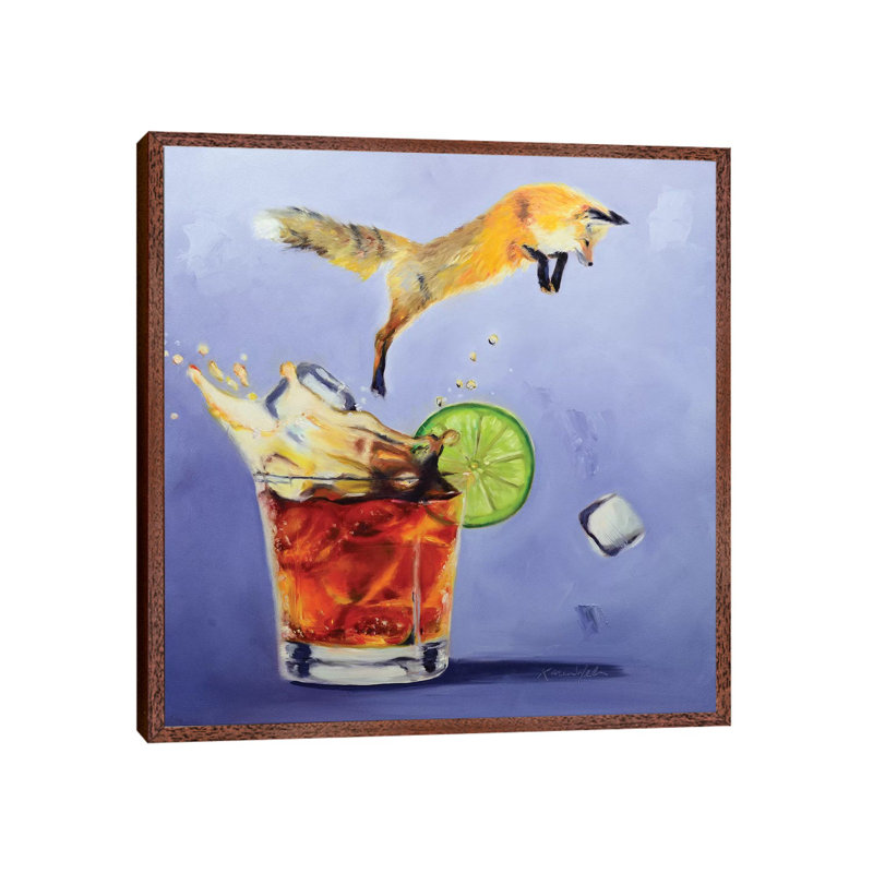 Fox On The Rocks by Karen Weber - Painting on Canvas, 45.72 cm H x 45.72 cm W, Classic Brown Wood Framed