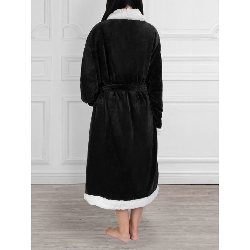 Peignoir mi-mollet en molleton avec poches, Noir
