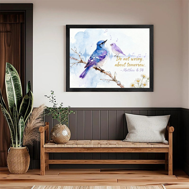 Oiseau bleu noir encadré, art inspiré de l'aquarelle, impression encadrée, H 13 po x l 17 po