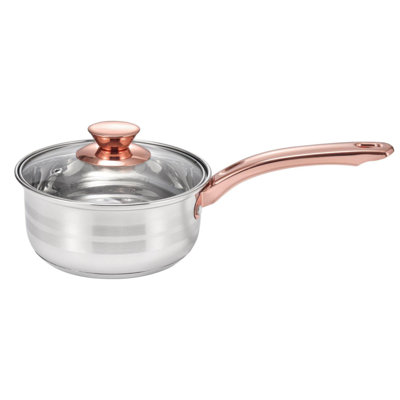 Stainless Steel 1.7 Qt Sauce Pan Matte with Polished Stripes & Rose Gold Handle