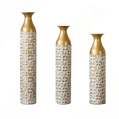 Mother's Day Gift Set - Gilded White 3D Relief Flower Metal Vase Set 24". 29". 32. 68 Height