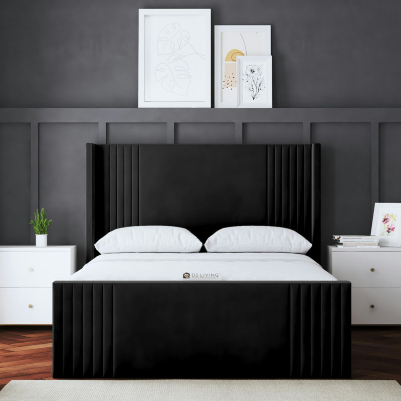 Elara Winged Ottoman Panel Bed with Headboard, Black, Small Double (4')