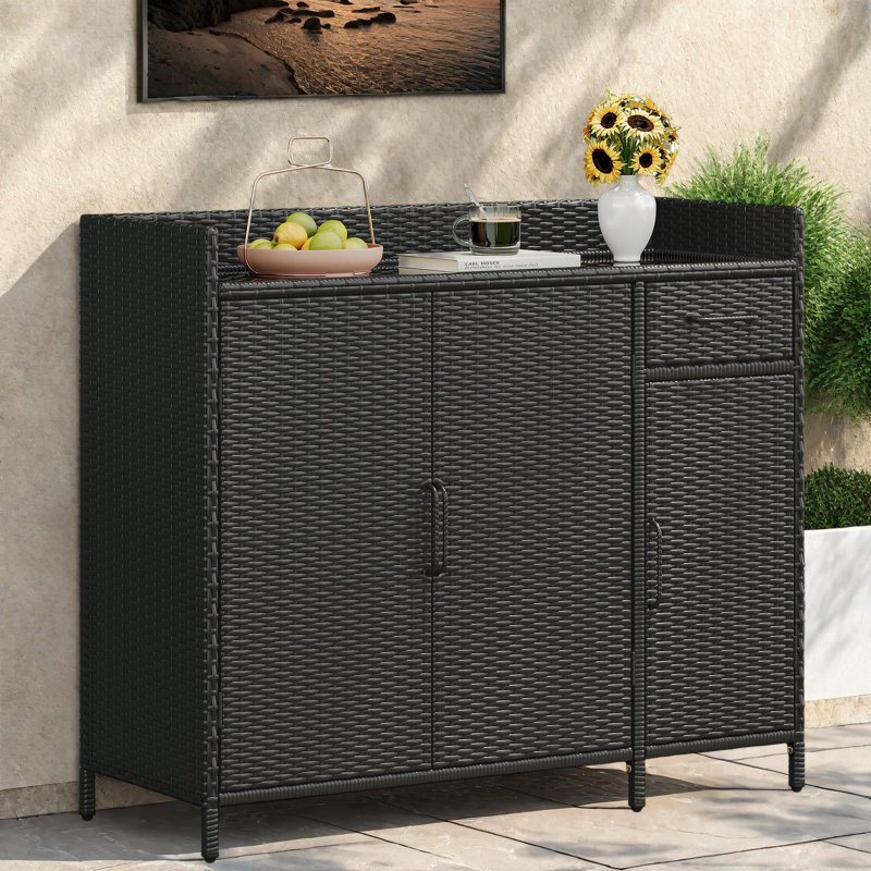 Armoire de rangement d'extérieur en rotin, buffet en osier 2 portes, rangement pour piscine, Noir, noir, noir, noir