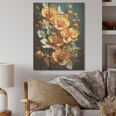 Golden Opulence I - orchidées, art sur bois de pin naturel