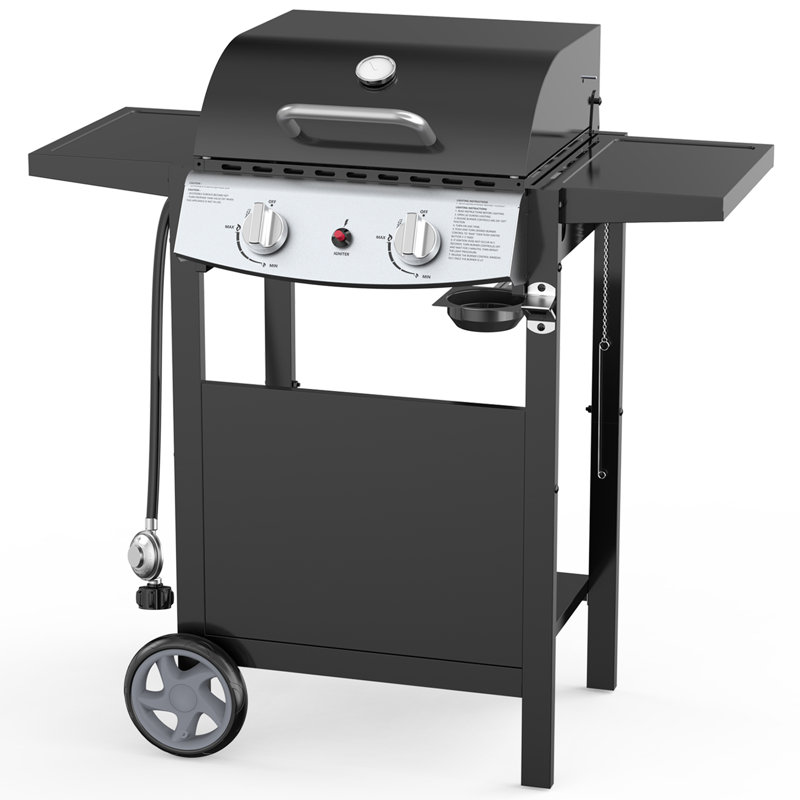 Barbecue au propane en acier inoxydable à 2 brûleurs R.W.FLAME 20 000 BTU - noir, avec couvercle, roues et thermomètre - Barbecue d'extérieur