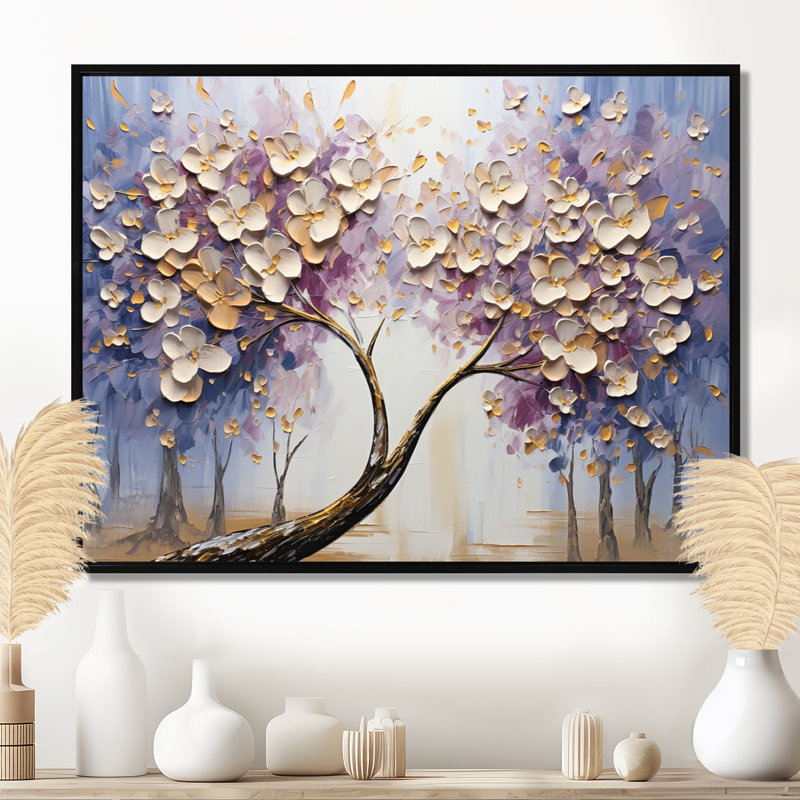 Arbre en fleurs avec fleurs blanches I, Cadre flottant noir, bois massif, H 30 po x l 40 po