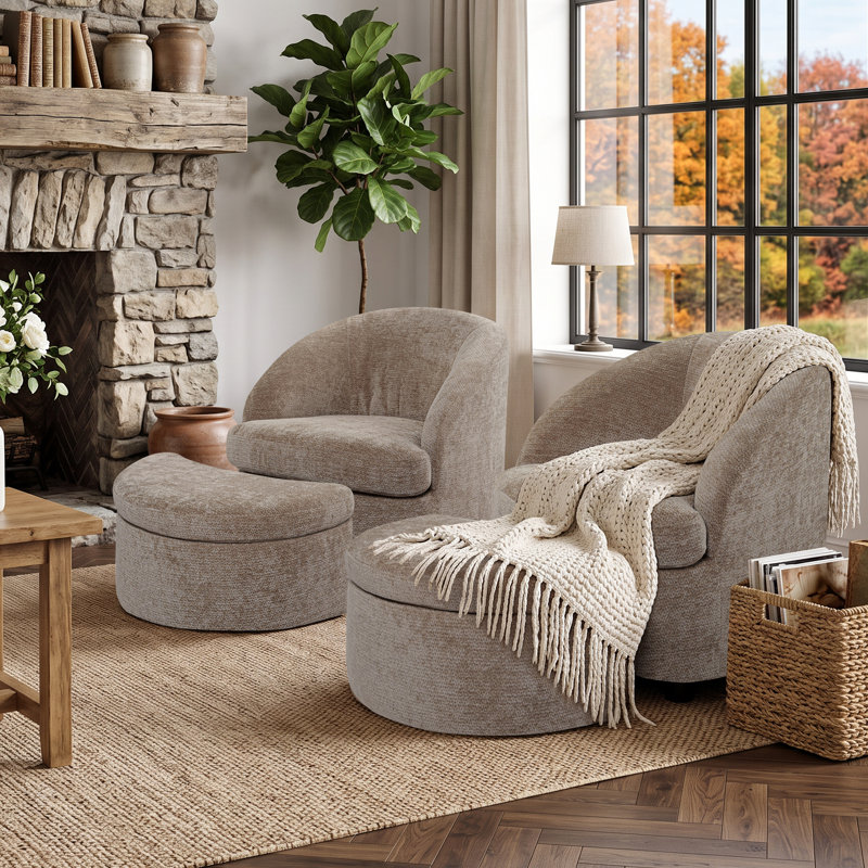 Fauteuil lounge tonneau en chenille haut de gamme avec repose-pieds de rangement, Brun