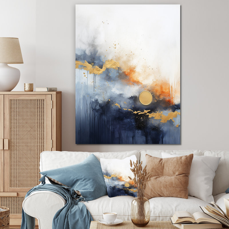 Bleu et jaune, harmonie fluide I, art mural abstrait, Toile tendue, H 32 po x l 16 po x P 1 po