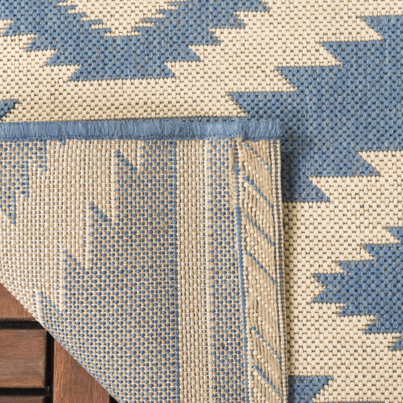 Preisser Hooked Indoor/ Outdoor Cream/Blue Rug, Rectangle 79 x 152 cm