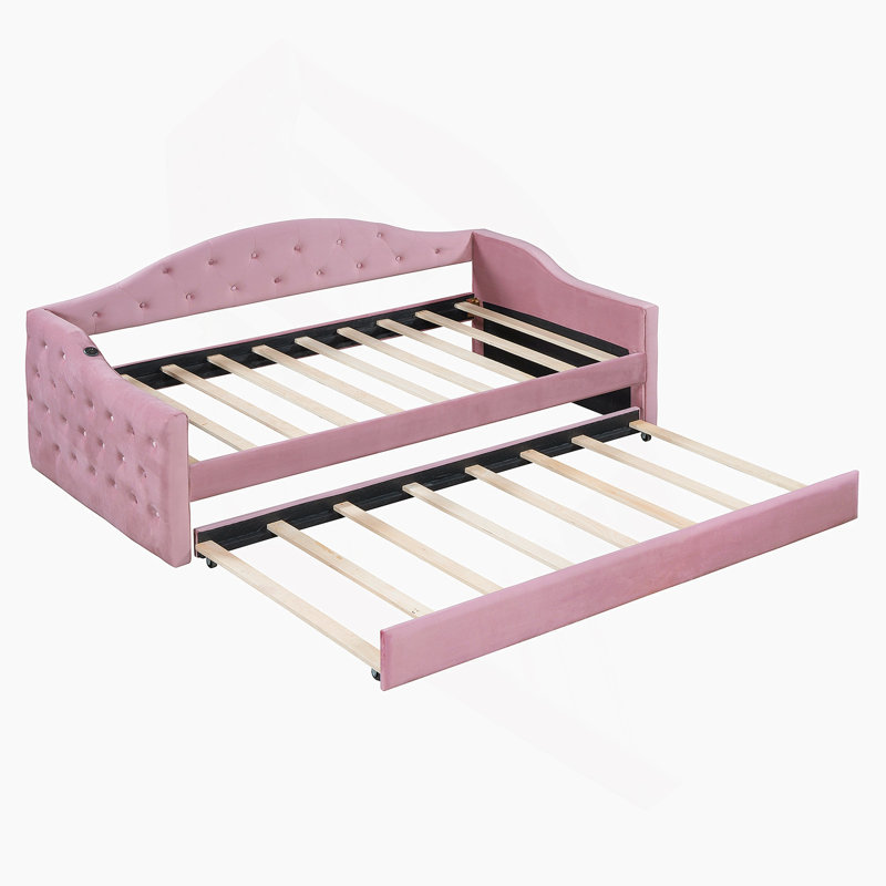 Tufted Upholstered Daybed with Trundle, USB and Type-C Charging Ports