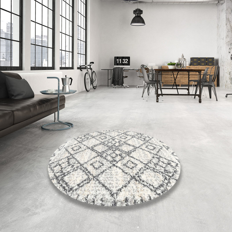 Tapis contemporain beige / blanc, Rond 5 pi