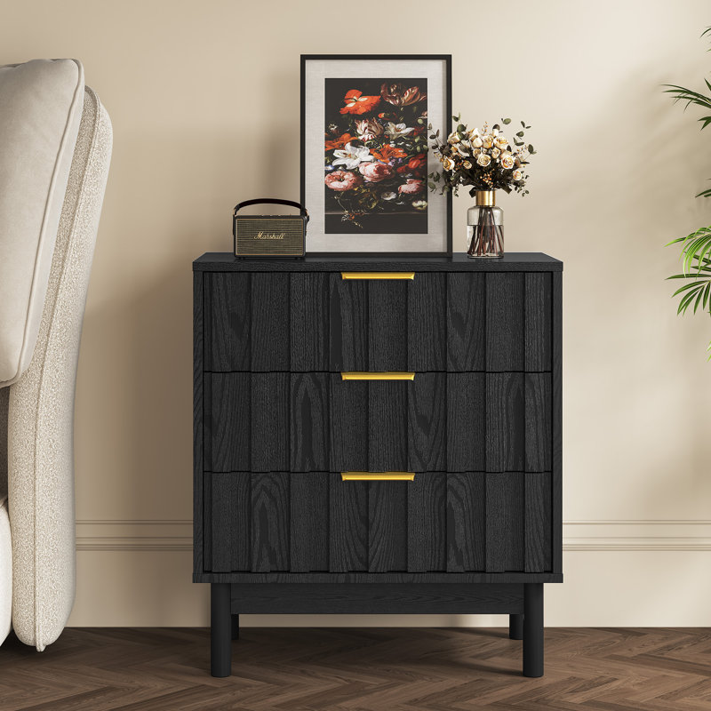3 Drawer Dresser With Fluted Panel Design, Black