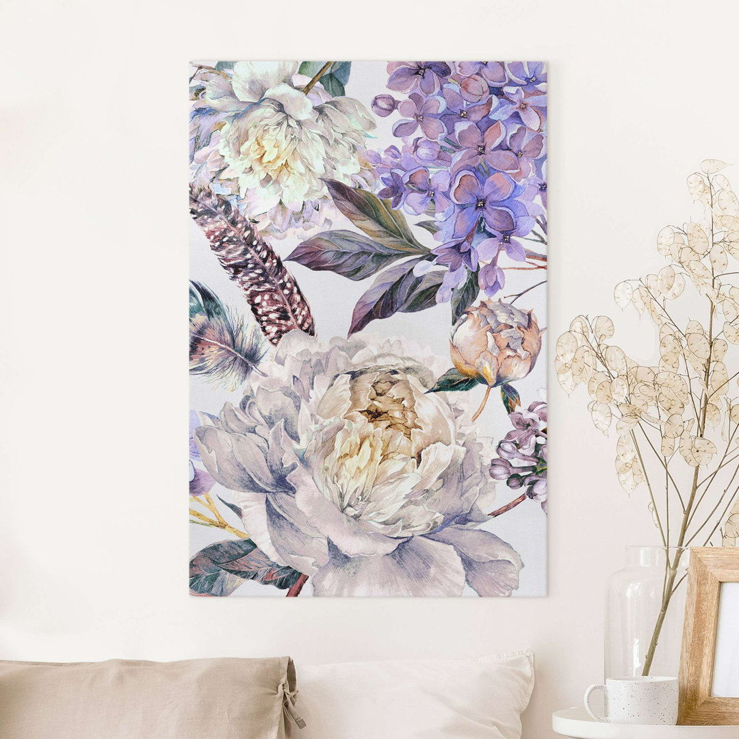 Leinwandbild Zartes Aquarell Boho Blumen und Federn Muster