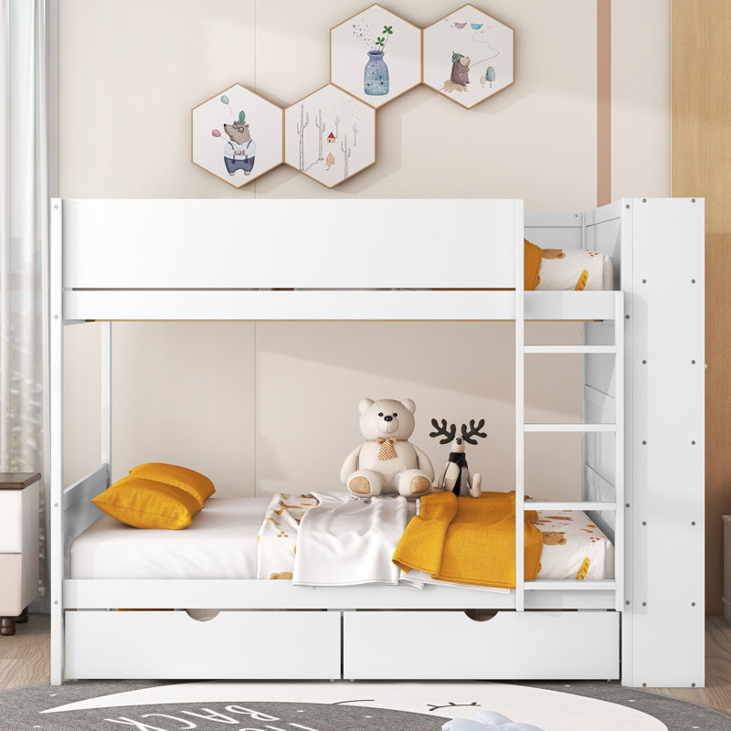 Lit superposé double au-dessus de double avec 2 tiroirs et armoire à couches multiples, peu encombrant et sécuritaire pour les familles en pleine croissance