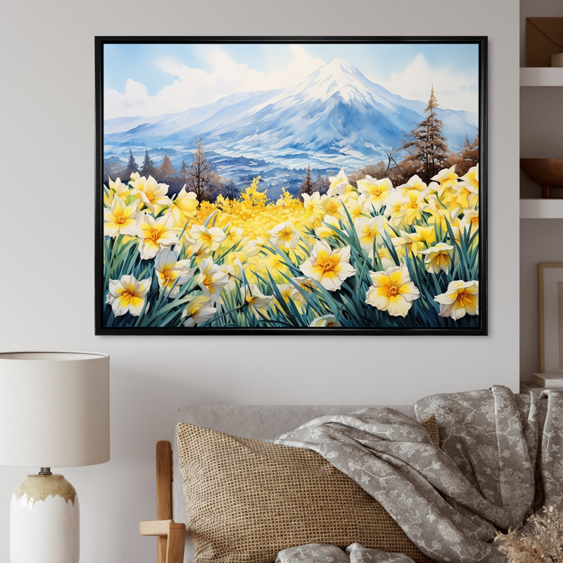 Daffodils Charm in Mountain - Imprimé, Cadre flottant noir, H 12 po x l 20 po