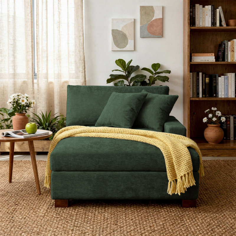 Chaise longue modulaire rembourrée en chenille verte avec accoudoirs et coussins décoratifs, Face à la droite, Vert