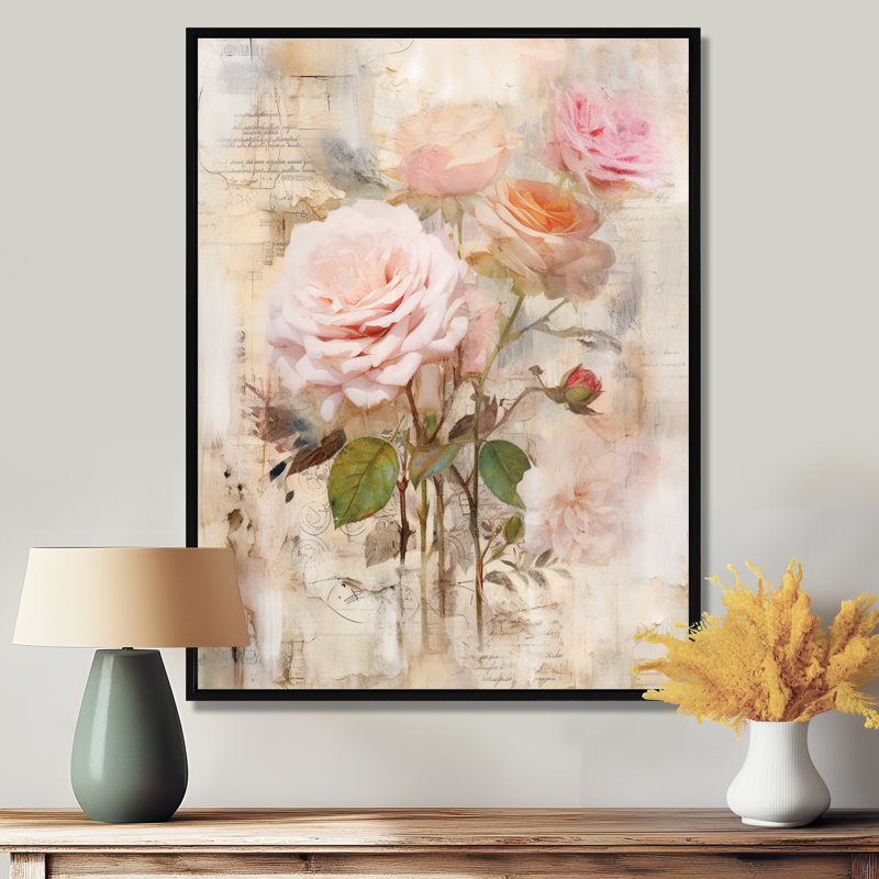 Illustration de collage rétro rose rose - roses, art mural, H 20 po x l 12 po x P 1 po, Toile avec cadre flottant noir