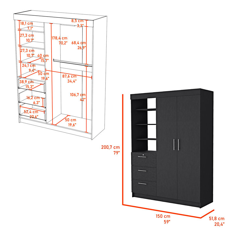 Armoire 3 tablettes Levi, Noir