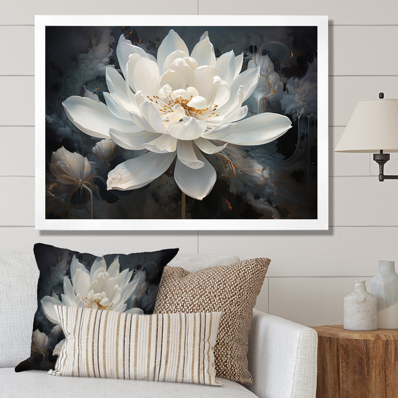 Serenity Blossum Lotus - art mural Lotus, H 30 po x l 40 po, Cadre photo unique, Blanc