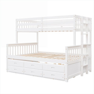 Kid Shared Bedroom Twin-Over-Full Bunk Bed with Twin Trundle, Separable Solid Wood Bunk Bed with White Finish