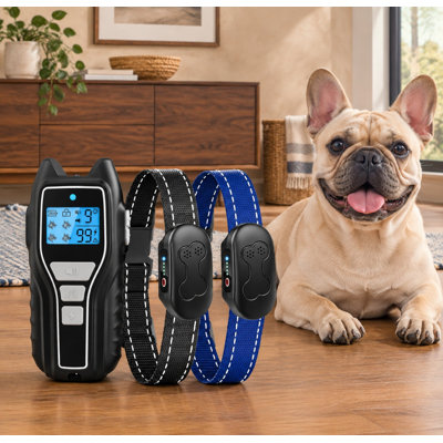 A black rechargeable waterproof remote shock-collar system for 2 dogs of any breed weighing 15-120lbs, featuring a 2000FT control range, 4 safe training modes, safety lock, and flashlight. 9 global customer ratings.