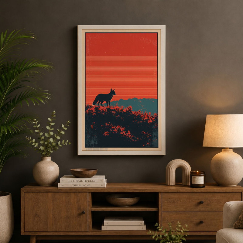 Fox Against Horizon Art Deco - Wrapped Canvas, 24x16 - 61.0 x 40.6 cm, Black Border