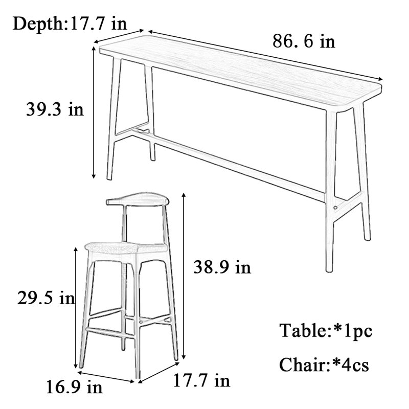 Tables et chaises de bar décontractées en bois massif, H 39,3 po x L 86,8 po x l 17,7 po, 5